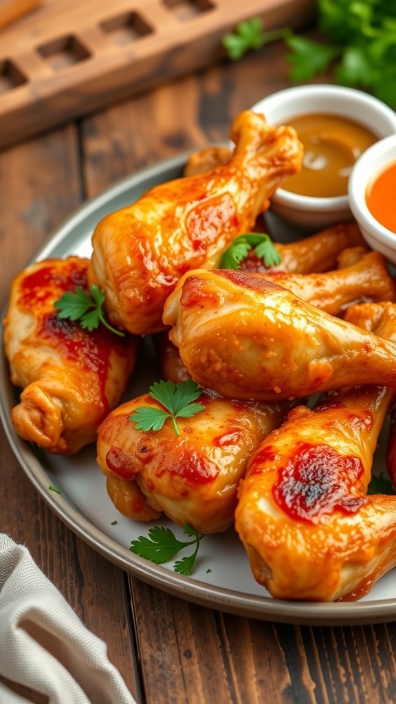 Crispy baked chicken drumsticks garnished with parsley on a rustic plate.